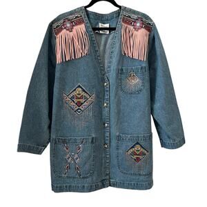 Vintage Aztec Hand Painted Fringe Denim Button Front Longline Blazer